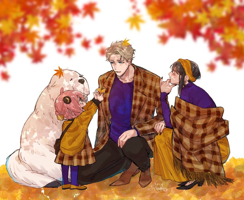1boy, 2girls, adoptive_parent_and_adoptive_child, ahoge, anya_(spy_x_family), autumn, autumn_leaves, bag