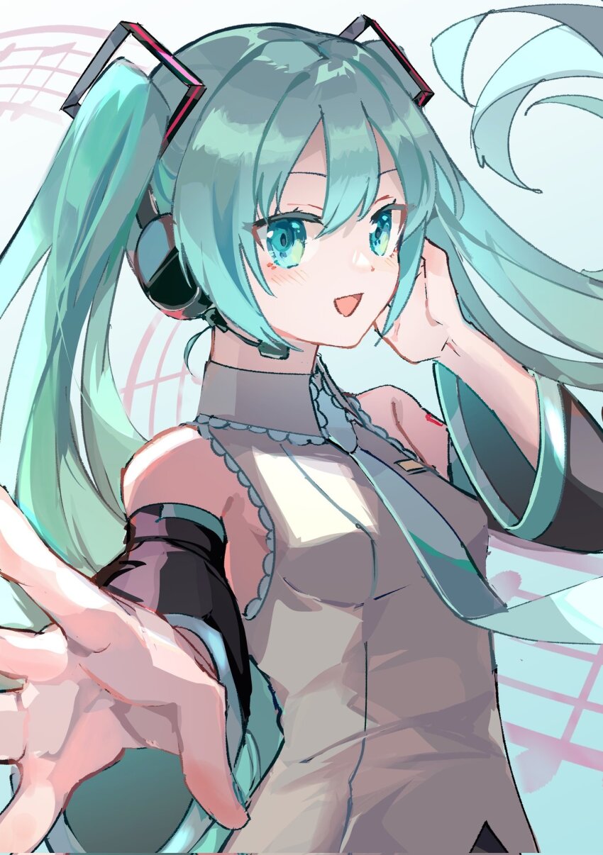 1girl, :d, aqua_eyes, aqua_hair, aqua_necktie, aqua_trim, arm_tattoo, black_sleeves, colored_eyelashes, commentary_request, detached_sleeves, grey_shirt, hand_on_headphones, hand_on_headset, hatsune_miku, headphones, headset, highres, kinondq10, looking_at_viewer, necktie, number_tattoo, open_mouth, reaching, reaching_towards_viewer, shirt, sleeveless, sleeveless_shirt, smile, solo, tattoo, twintails, upper_body, vocaloid, white_background