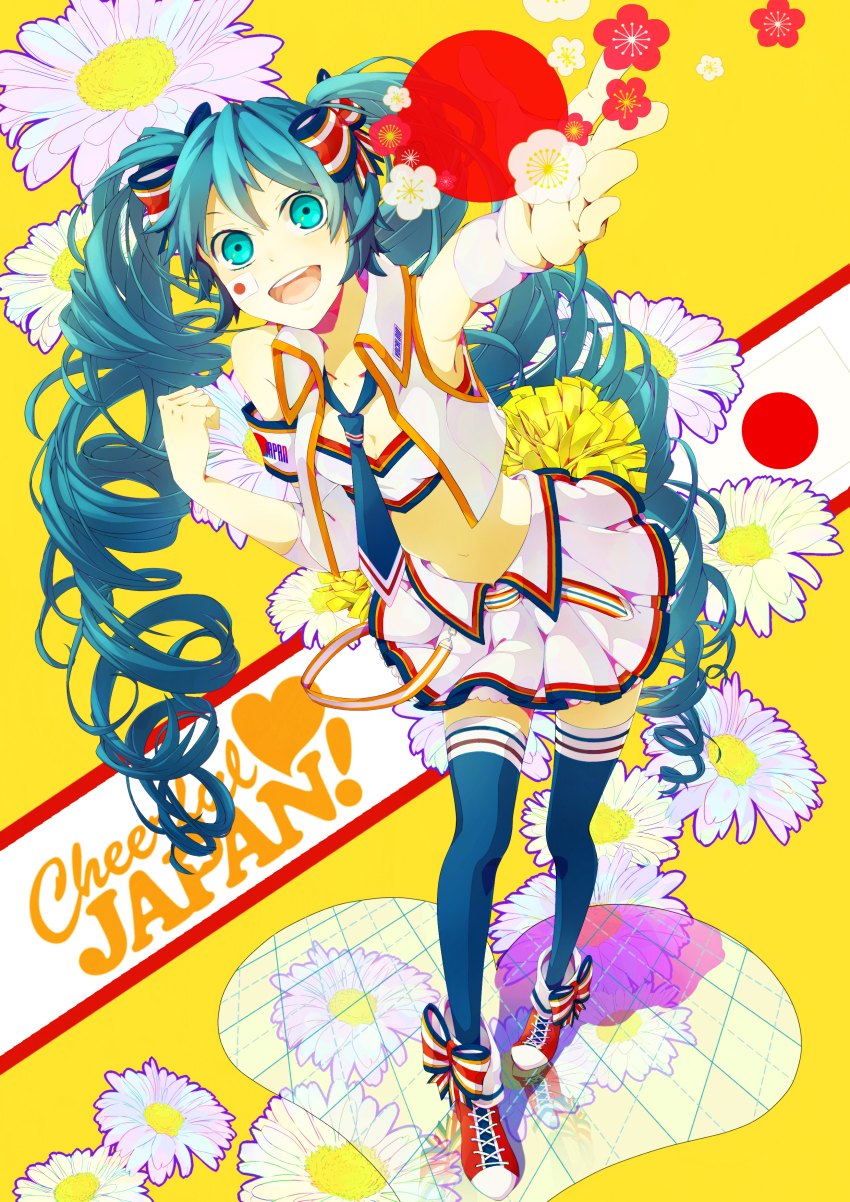 1girl, absurdres, aqua_eyes, aqua_hair, blue_necktie, blue_thighhighs, female_focus, flower