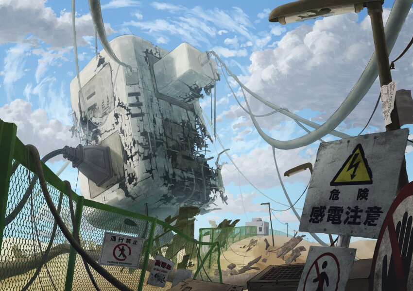 absurdres, broken, cable, chain-link_fence, charger, cloud, cloudy_sky, day