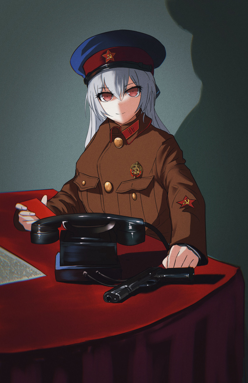 1girl, absurdres, alternate_costume, badge, breast_pocket, buttons, commentary, corded_phone