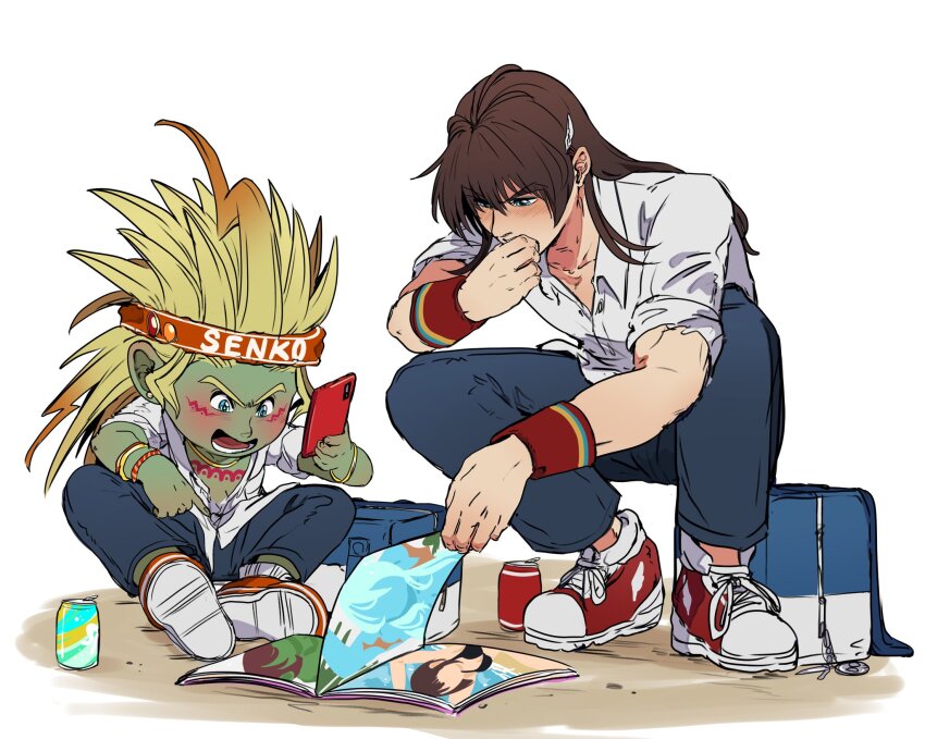 2boys, alternate_costume, alternate_universe, ashlay_(dq10), bag, blonde_hair, blue_eyes, blue_pants