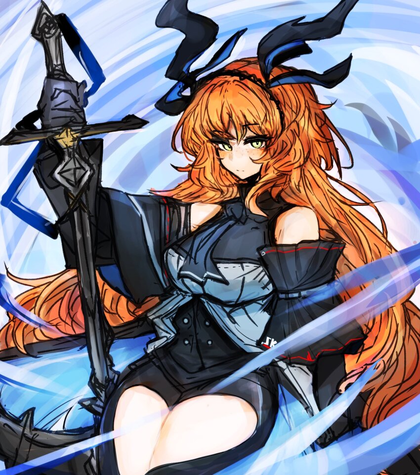 1girl, anchor, aqua_gloves, arknights, ascot, black_ascot, black_gloves, black_pants, bow, bowtie, chaps, clothing_cutout, collared_shirt, crotchless, crotchless_pants, detached_sleeves, freckles, gloves, green_eyes, hair_bow, hairband, high-waist_shorts, highres, holding, holding_anchor, hosakana, ishmael_(project_moon), limbus_company, long_hair, looking_at_viewer, necktie, orange_hair, orca, pants, project_moon, see-through_dress_layer, shirt, shorts, shoulder_cutout, side_cutout, simple_background, skadi_(arknights), solo, tail, thigh_cutout, very_long_hair