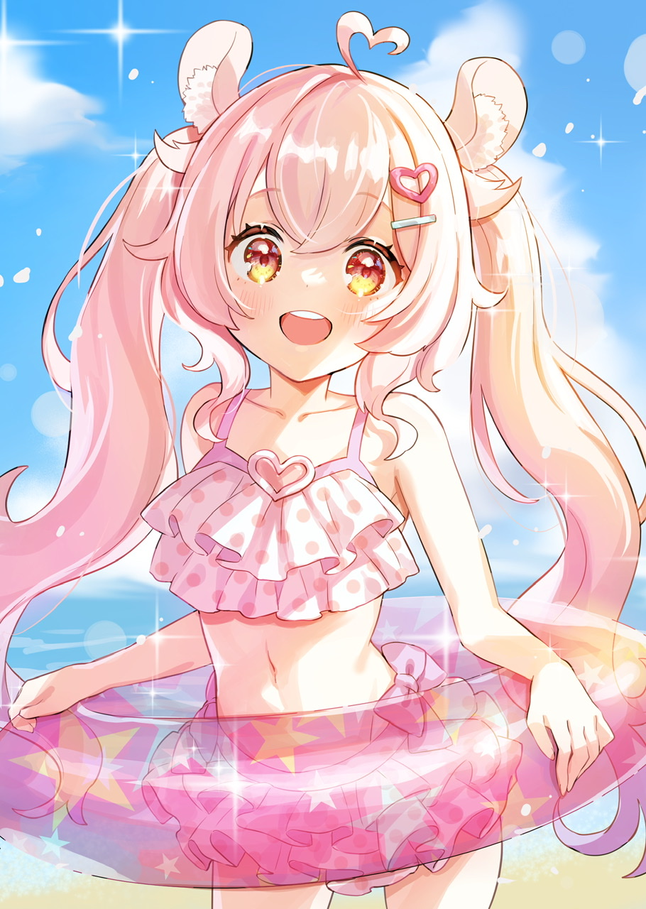 1girl, :d, ahoge, animal_ear_fluff, animal_ears, bikini, blonde_hair, blue_sky