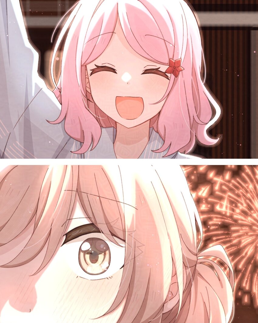 2girls, :d, ^_^, adversarial_noise, aerial_fireworks, amaori_renako, arm_up, blush