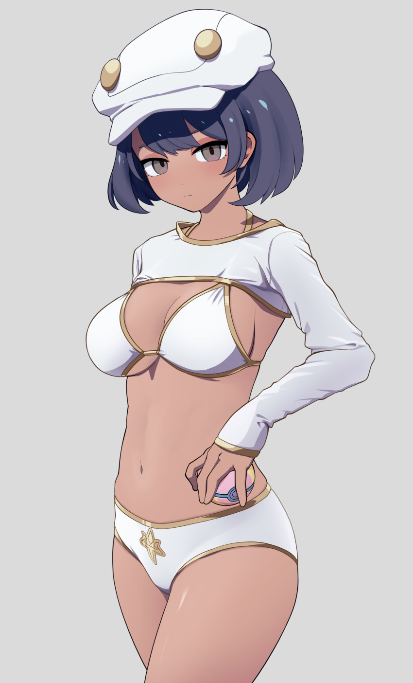 1girl, absurdres, adapted_costume, aether_foundation_employee, aether_foundation_uniform, akaika_(aka), bikini, black_hair