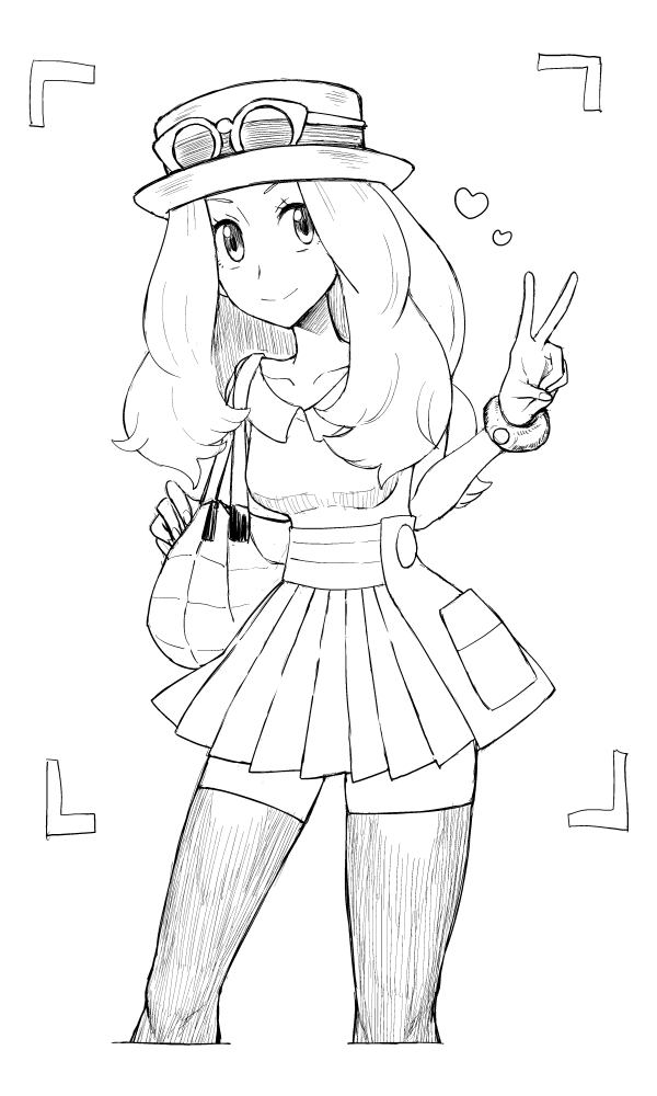 1girl, bag, bracelet, breasts, closed_mouth, collarbone, collared_shirt, commentary_request, cropped_legs, eyelashes, eyewear_on_headwear, gorgonzola_(paradisegom), greyscale, hand_up, hat, jewelry, long_hair, looking_at_viewer, monochrome, nintendo, pleated_skirt, pokemon, pokemon_x_and_y, serena_(pokemon), shirt, sideocks, simple_background, skirt, sleeveless, sleeveless_shirt, smile, solo, sunglasses, thighhighs, v, viewfinder