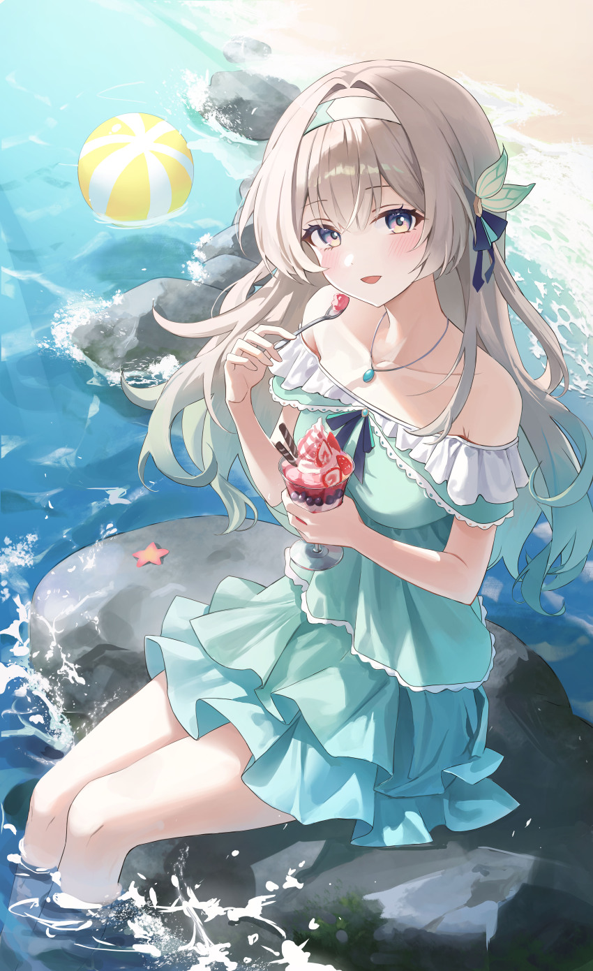 1girl, absurdres, alternate_costume, aqua_dress, aqua_hair, bare_shoulders, beach, beach_volleyball