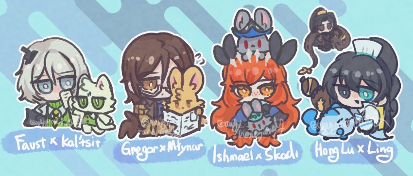 2girls, 3boys, animalization, arknights, black_eyes, blue_eyes, brown_eyes, brown_hair