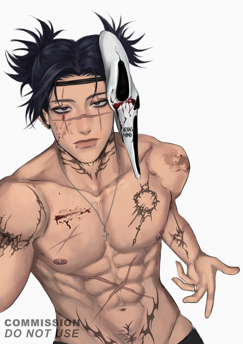 1boy, absurdres, aransmind, arm_tattoo, artist_name, black_hair, blood, blood_on_cheek