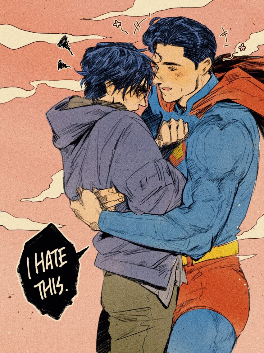 +++, 2boys, 3000_etc, batman_(series), belt, black_hair, blue_bodysuit, blue_jacket, blush, bodysuit, briefs, brown_pants, bruce_wayne, cape, carrying, carrying_person, colored_speech_bubble, commentary, dc_comics, highres, hood, hooded_jacket, jacket, laughing, male_focus, male_underwear, multiple_boys, open_mouth, pants, red_cape, short_hair, short_sideburns, sideburns, smile, speech_bubble, superhero_costume, superman, superman_(series), the_batman_(2022), underwear, yaoi, yellow_belt