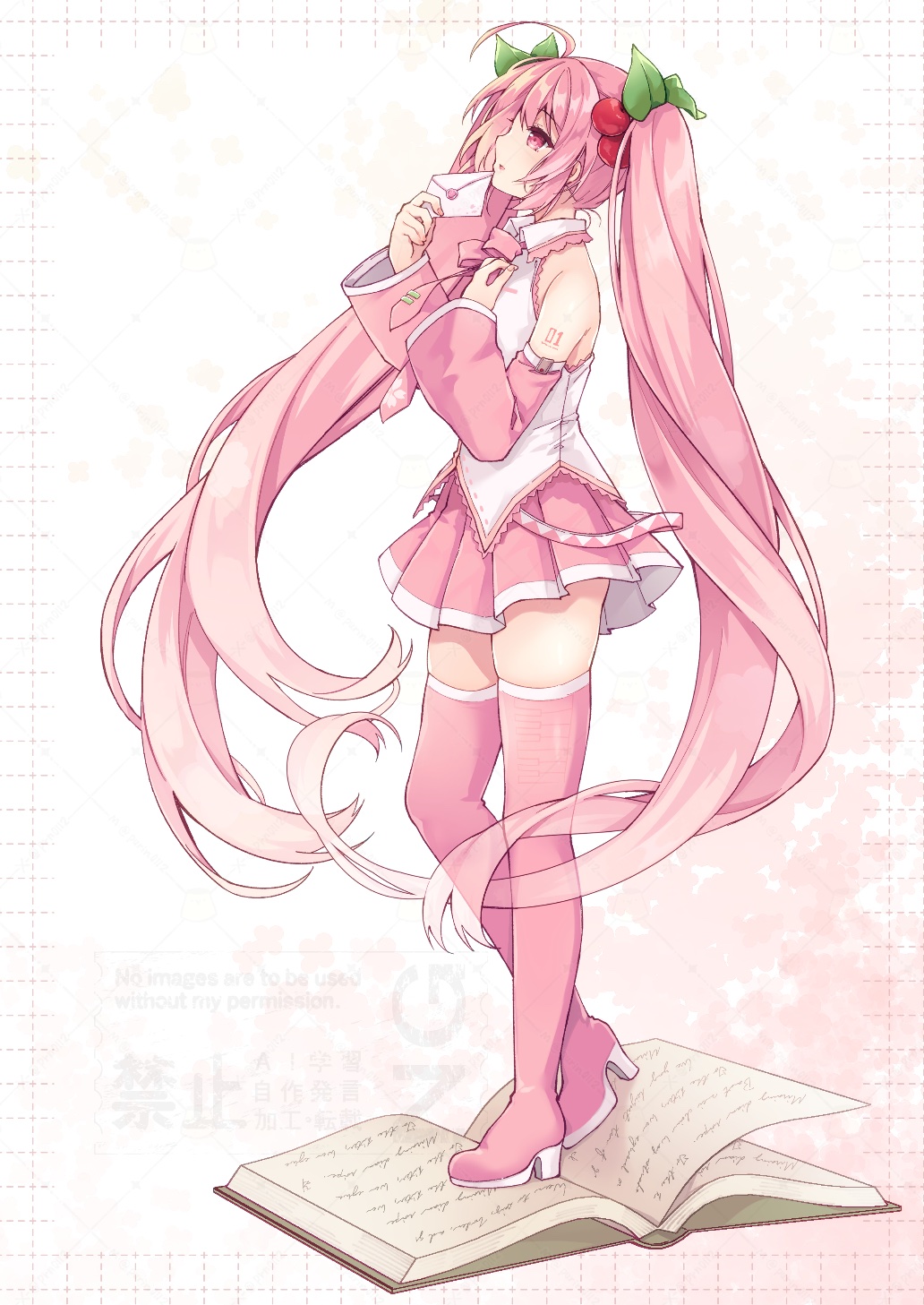 1girl, ahoge, arm_tattoo, bare_shoulders, book, boots, cherry_blossom_print, cherry_hair_ornament