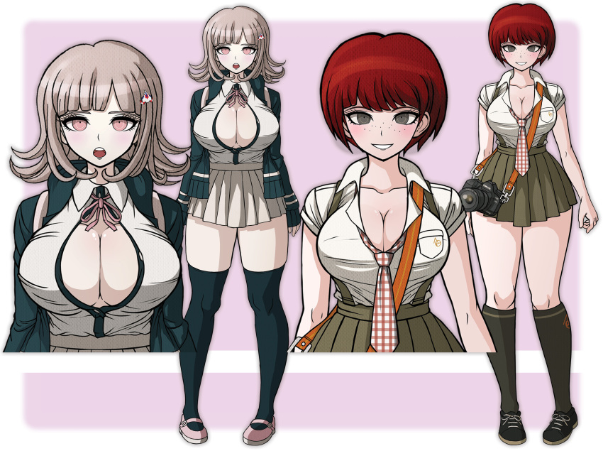 2girls, a_beautiful_man_(middinos), absurdres, blush, breasts, camera, cleavage, danganronpa_(series), danganronpa_2:_goodbye_despair, female_focus, freckles, full_body, highres, koizumi_mahiru, large_breasts, looking_at_viewer, middinos, multiple_girls, nanami_chiaki, necktie, pink_eyes, red_hair, short_hair, skindentation, thick_thighs, thighhighs, thighs