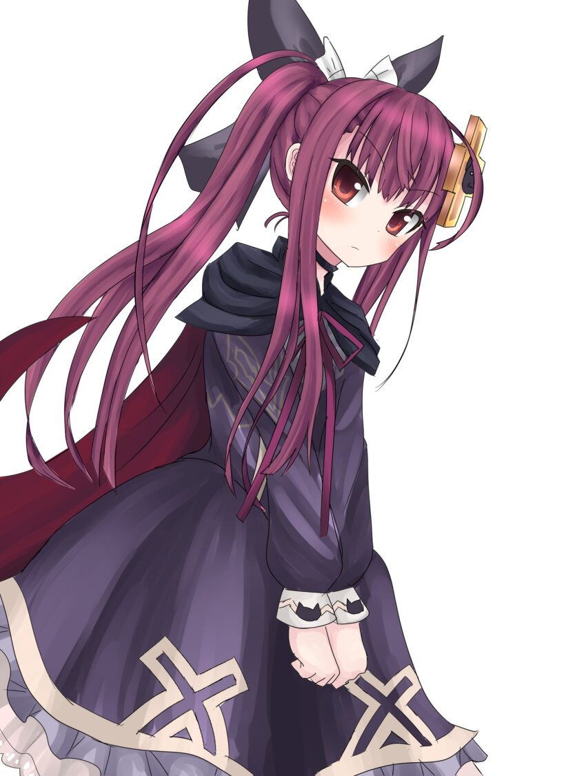 1girl, alucard_lore, amemiya_issa, black_bow, black_cloak, black_dress, bow, cloak