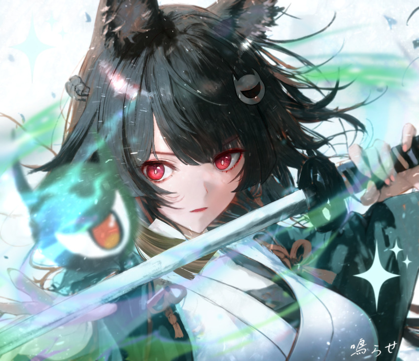 1girl, 1other, absurdres, animal_ear_fluff, animal_ears, aqua_jacket, black_hair, fox_ears