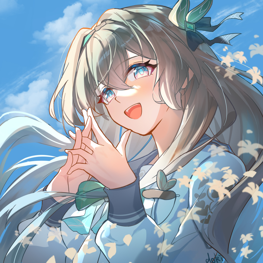 1girl, absurdres, blush, bow, firefly_(honkai:_star_rail), firefly_(spring_missive)_(honkai:_star_rail), green_bow, grey_hair