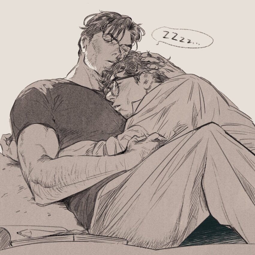 2boys, 3000_etc, arm_hair, batman_(series), beard_stubble, bruce_wayne, clark_kent, closed_eyes, closed_mouth, collared_shirt, commentary, crew_neck, dc_comics, facial_hair, glasses, grey_background, greyscale, hand_in_another's_hair, highres, hug, male_focus, monochrome, multiple_boys, pants, shirt, short_hair, short_sideburns, short_sleeves, sideburns, sitting, sleeping, sleeves_rolled_up, speech_bubble, stubble, superman_(series), t-shirt, yaoi, zzz