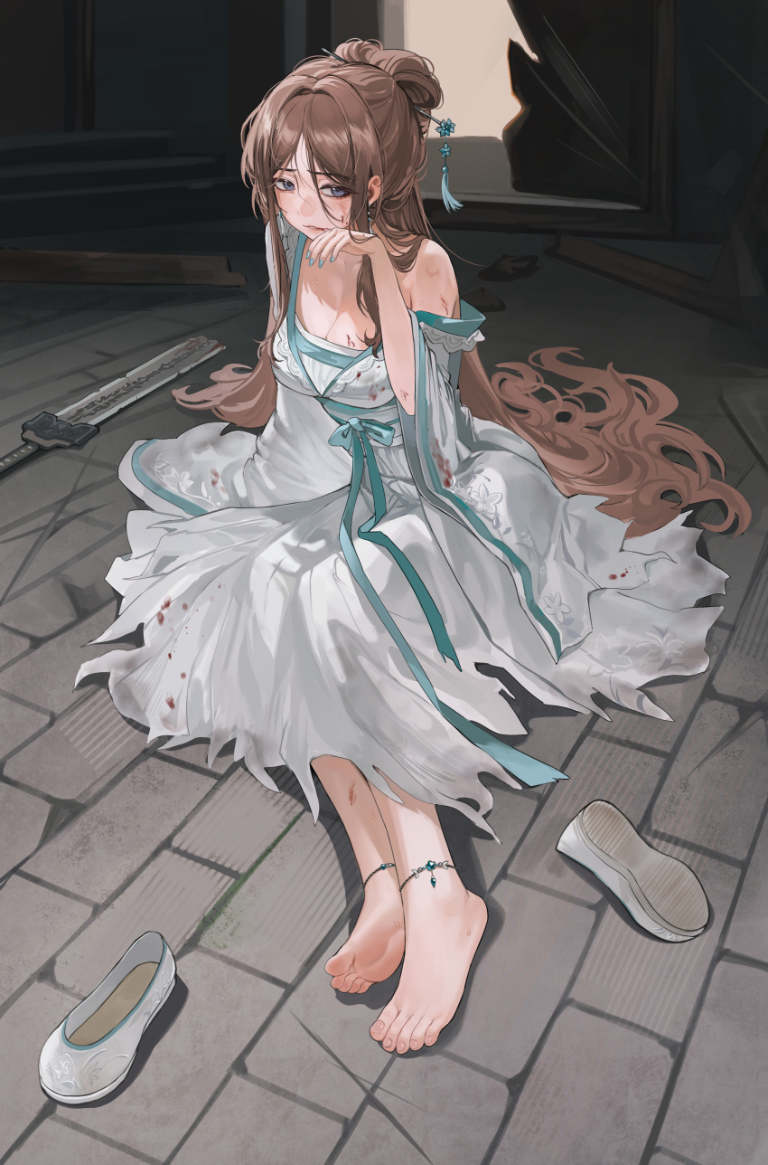 1girl, absurdres, alternate_costume, alternate_hairstyle, anklet, bang_dream!, bang_dream!_it's_mygo!!!!!, barefoot