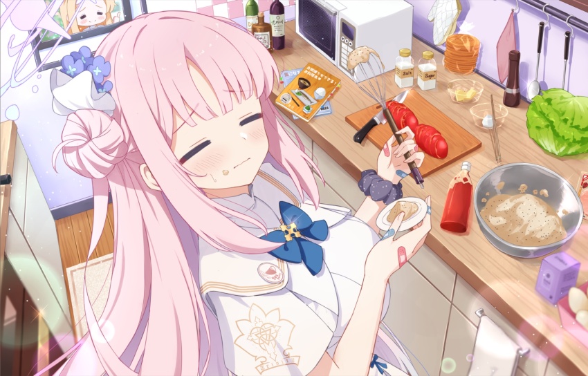 2girls, angel_wings, bandaid, blonde_hair, blue_archive, blush, breasts, closed_eyes