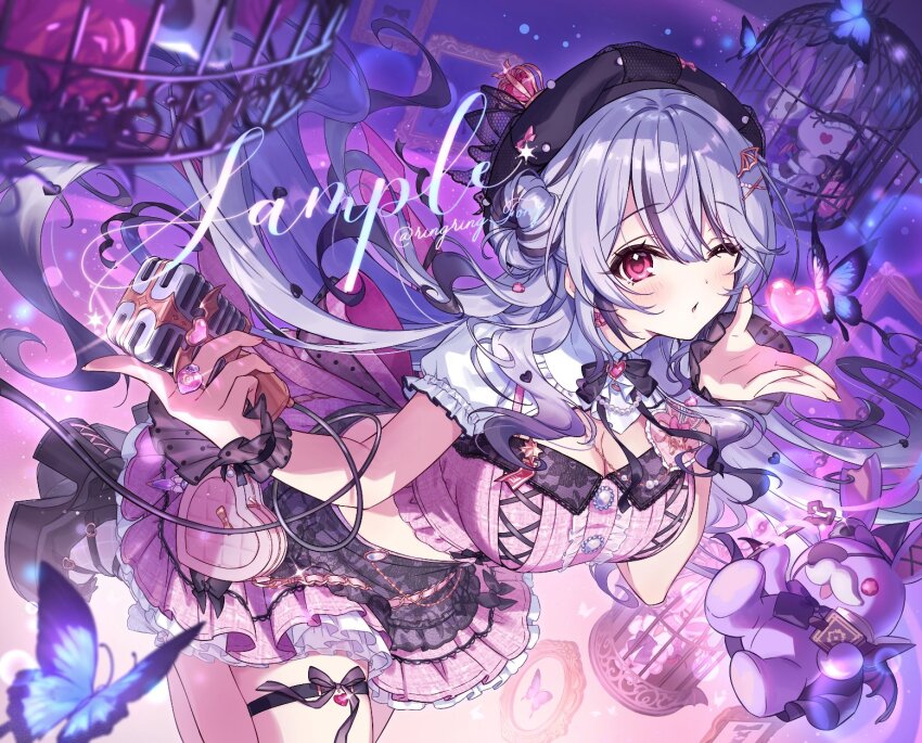 1girl, artist_name, beret, birdcage, black_hat, blowing_kiss, breasts, bug, butterfly, cage, cleavage, collared_shrug, commission, cropped_shirt, crown, floating_hair, grey_hair, hair_bun, hat, heart, highres, hino_ageha, holding, holding_microphone, indie_virtual_youtuber, insect, jewelry, large_breasts, layered_skirt, long_hair, looking_at_viewer, microphone, midriff, mini_crown, official_art, one_eye_closed, pink_eyes, pink_shirt, pink_skirt, ring, ringringfonz, sample_watermark, shirt, short_sleeves, shrug_(clothing), single_side_bun, skirt, sleeveless, sleeveless_shirt, solo, stuffed_toy, thigh_strap, twitter_username, virtual_youtuber, watermark, white_shrug