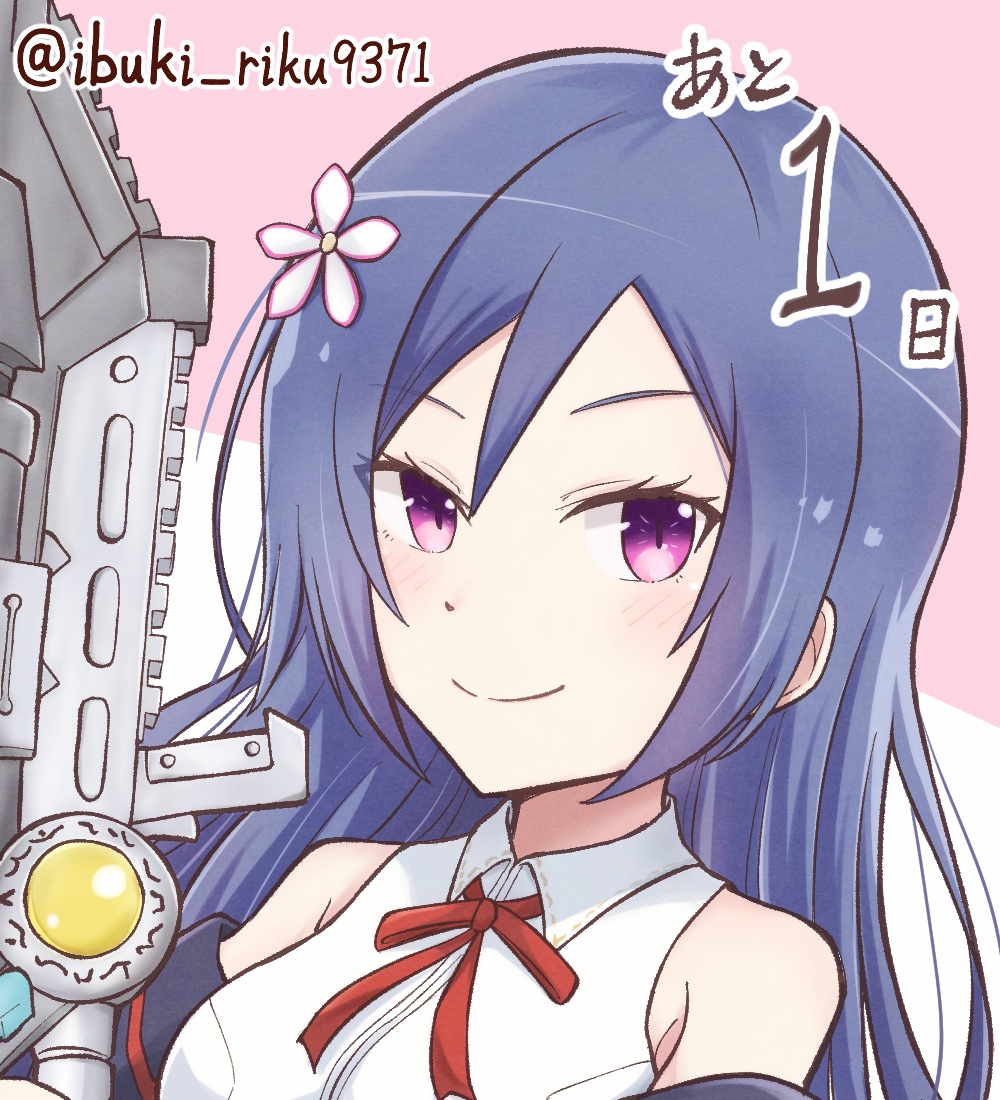 1girl, akashi_manaka, assault_lily, bare_shoulders, black_jacket, blue_hair, blush, breasts