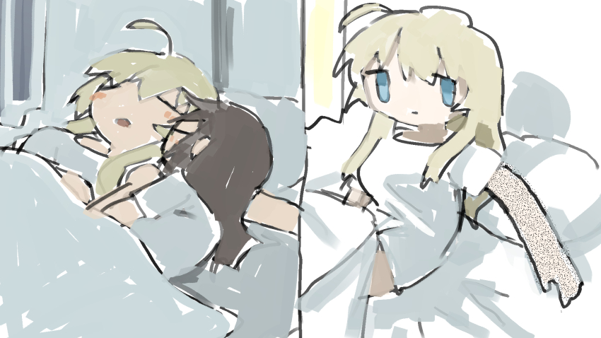 2girls, ahoge, blonde_hair, blue_eyes, blush, brown_hair, chito_(shoujo_shuumatsu_ryokou), closed_mouth, cuddling, highres, long_hair, multiple_girls, on_bed, open_mouth, paresthesia, pillow, shirt, shoujo_shuumatsu_ryokou, sleeping, tsukumizu, under_covers, white_shirt, yuri, yuuri_(shoujo_shuumatsu_ryokou)