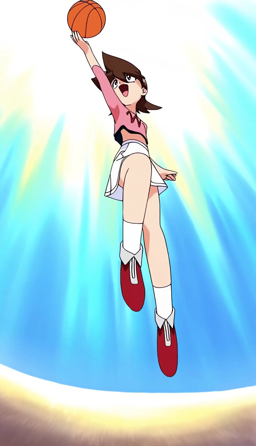 00s, 1girl, absurdres, anime_screenshot, arm_up, bakuten_shoot_beyblade, ball, basketball_(object)