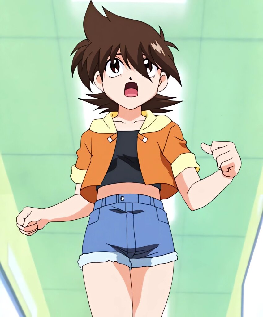 00s, 1girl, anime_screenshot, ball, bare_legs, beyblade, beyblade_g_revolution, big_hair, black_shirt, breasts, brown_eyes, brown_hair, denim, denim_shorts, from_below, hair_between_eyes, highres, jacket, looking_ahead, medium_hair, non-web_source, open_clothes, open_jacket, open_mouth, ryona, shirt, shorts, skirt, small_breasts, solo, tachibana_hiromi, tank_top, white_skirt