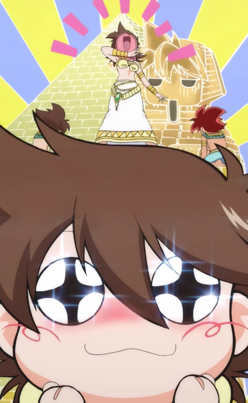 00s, 1girl, 2boys, :3, absurdres, anime_screenshot, armor, bare_legs, beyblade, beyblade_g_revolution, big_hair, breastplate, breasts, brown_eyes, brown_hair, chibi, cleavage, dress, egyptian, femdom, hair_between_eyes, highres, kyouju_(beyblade), laughing, looking_at_another, looking_at_viewer, looking_back, medium_hair, multiple_boys, multiple_views, non-web_source, open_mouth, ryona, skirt, smile, tachibana_hiromi, tank_top, thinking, white_skirt, zoom_layer