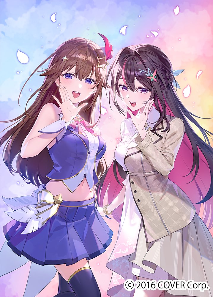 2girls, :d, ascot, azki_(4th_costume)_(hololive), azki_(hololive), black_hair, blue_eyes, blue_skirt, blue_thighhighs, blue_vest, bow, bowtie, braid, brown_hair, brown_jacket, collared_dress, collared_shirt, colored_inner_hair, commentary_request, copyright_notice, cropped_shirt, cropped_vest, crossed_bangs, diamond_hair_ornament, double-parted_bangs, dress, falling_petals, gold_trim, hair_between_eyes, hair_flaps, hair_intakes, hair_ornament, hair_ribbon, hairclip, half-jacket, half_up_half_down_braid, hand_up, hiyon_(hahaha_5945), hololive, jacket, long_hair, midriff, miniskirt, mole, mole_under_eye, multicolored_hair, multiple_girls, navel, official_alternate_costume, official_art, open_mouth, petals, pink_bow, pink_bowtie, pink_hair, pink_ribbon, pleated_skirt, purple_eyes, ribbon, shirt, single_sidelock, skirt, skirt_under_dress, sleeveless, sleeveless_shirt, smile, star_(symbol), star_hair_ornament, streaked_hair, teeth, thighhighs, three-quarter_sleeves, tokino_sora, tokino_sora_(1st_costume), upper_teeth_only, very_long_hair, vest, virtual_youtuber, waist_cape, white_ascot, white_dress, white_hair, white_ribbon, white_shirt, white_skirt, wrist_cuffs