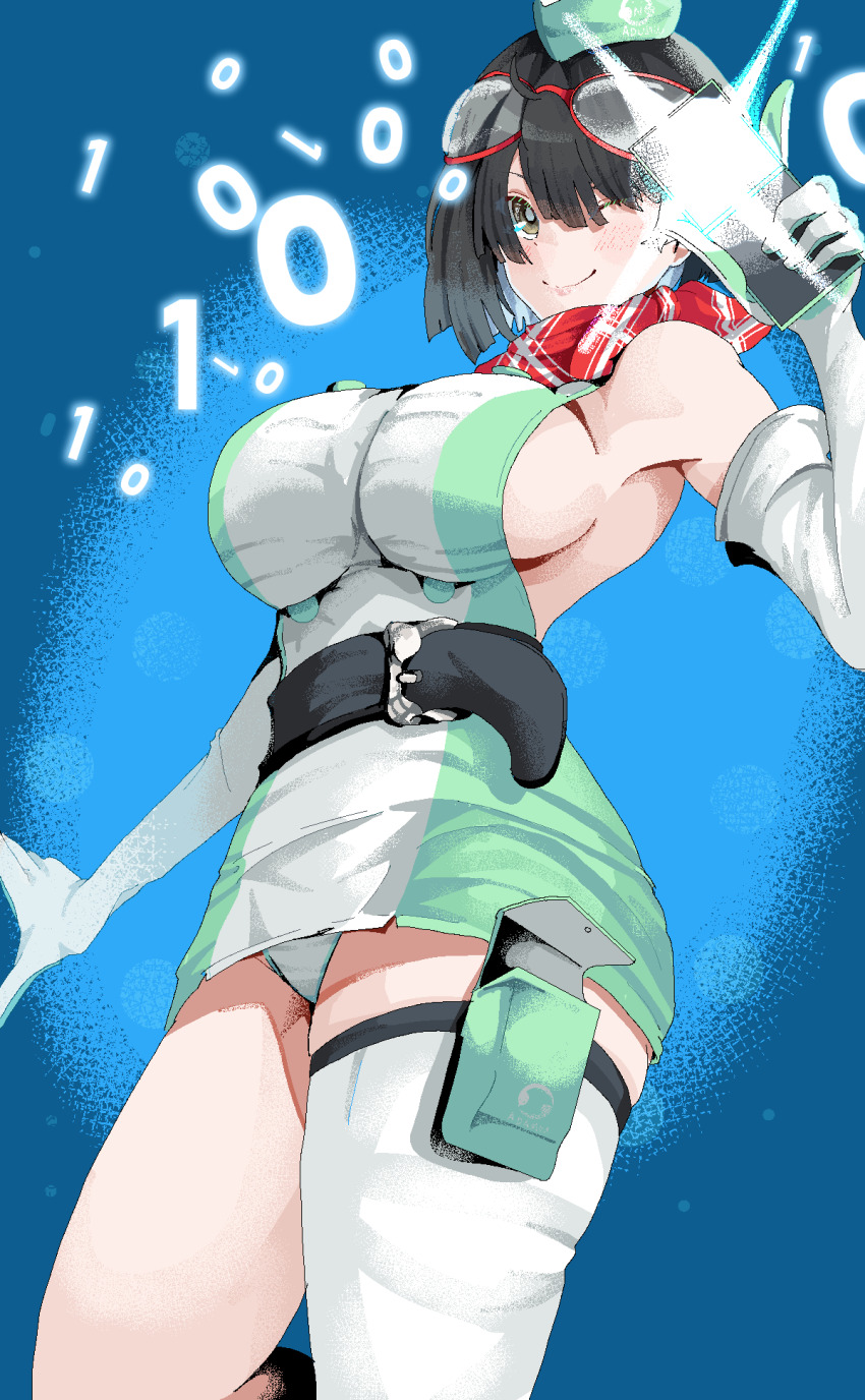 1girl, bare_shoulders, black_hair, blue_background, bonkareohagi, breasts, cowboy_shot, digimon