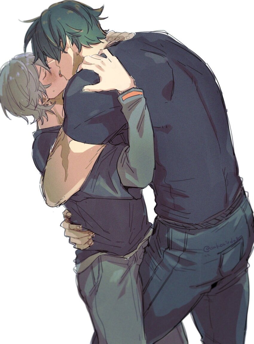 2boys, arms_up, blue_pants, blush, closed_eyes, commentary_request, dakenisdog, denim, french_kiss, green_hair, grey_hair, grey_pants, hand_on_another's_neck, highres, jeans, kiss, layered_sleeves, lighter_(zenless_zone_zero), long_sleeves, male_focus, multiple_boys, pants, parted_bangs, short_over_long_sleeves, short_sleeves, wise_(zenless_zone_zero), yaoi, zenless_zone_zero