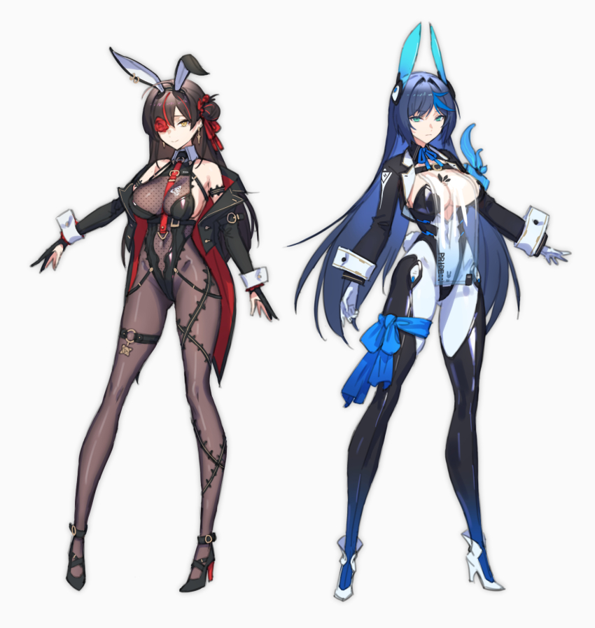 2girls, ainezu, anchor_panic, animal_ear_hairband, animal_ears, aqua_eyes, bare_shoulders, between_breasts, black_gloves, black_hair, black_jacket, black_shrug, black_straps, blue_hair, blue_ribbon, blue_streaks, bodystocking, breasts, cleavage, closed_mouth, collared_shrug, commentary, covered_groin, covered_navel, cropped_jacket, eucaly_(anchor_panic), fake_animal_ears, fake_tail, flower, flower_in_eye, full_body, gloves, hair_bun, hair_intakes, hair_over_one_eye, hair_ribbon, hairband, headgear, high_heels, highres, jacket, large_breasts, leg_ribbon, long_hair, long_sleeves, looking_at_viewer, multicolored_bodysuit, multicolored_hair, multiple_girls, neck_ribbon, nontraditional_playboy_bunny, official_art, pantyhose, partially_fingerless_gloves, playboy_bunny, rabbit_ears, rabbit_tail, red_flower, red_ribbon, red_rose, red_streaks, ribbon, rose, rose_(anchor_panic), see-through_cleavage, see-through_clothes, shrug_(clothing), simple_background, single_side_bun, standing, streaked_hair, super_highleg, symbol_in_eye, tail, thigh_ribbon, thigh_strap, thighs, two-sided_fabric, two-sided_jacket, two-tone_bodysuit, very_long_hair, white_background, white_gloves, white_wrist_cuffs, wing_collar, wrist_cuffs, yellow_eyes