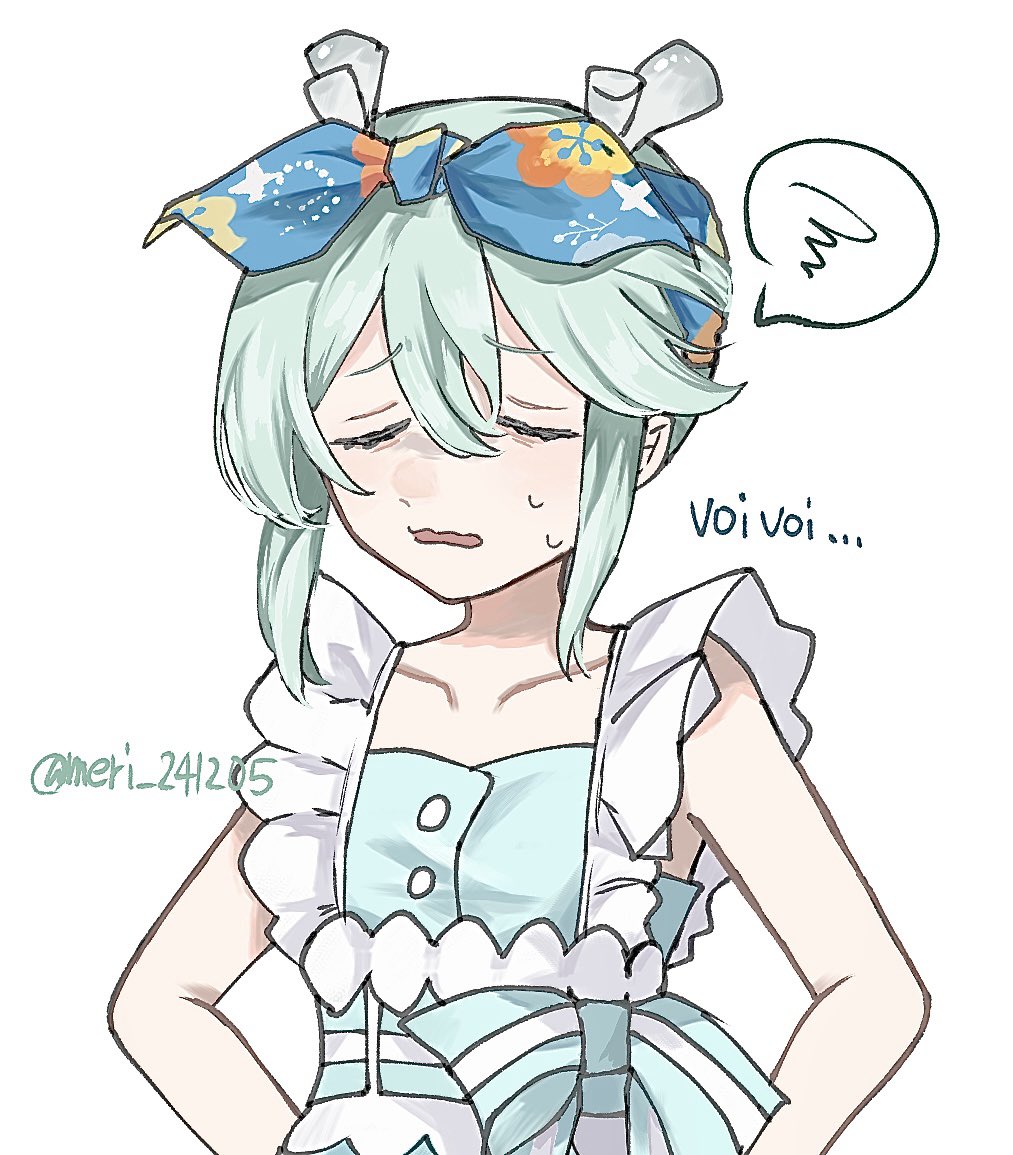 1girl, bare_shoulders, blue_dress, blue_ribbon, closed_eyes, collarbone, dress, fate/grand_order, fate_(series), frilled_dress, frills, frown, furrowed_brow, green_hair, hair_between_eyes, hair_ribbon, hands_on_own_hips, horns, louhi_(fate), louhi_(first_ascension)_(fate), meri_241205, raised_inner_eyebrows, ribbon, short_hair, sidelocks, simple_background, sleeveless, sleeveless_dress, solo, spoken_squiggle, squiggle, sweatdrop, twitter_username, upper_body, white_background