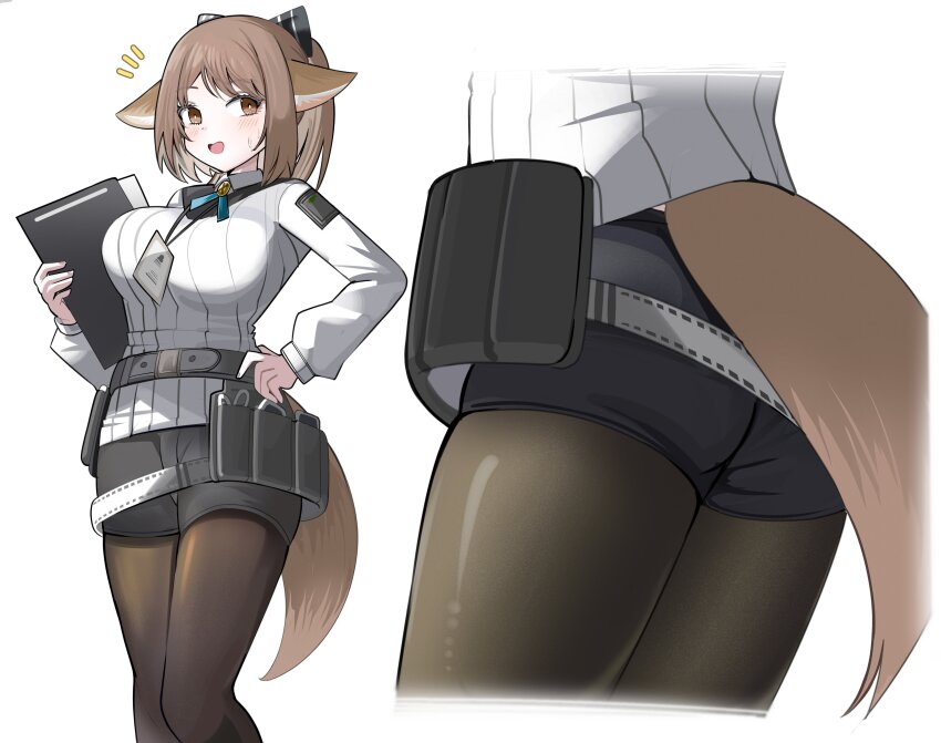 1girl, :d, absurdres, alternate_breast_size_(larger), animal_ears, arknights, ass, ass_focus