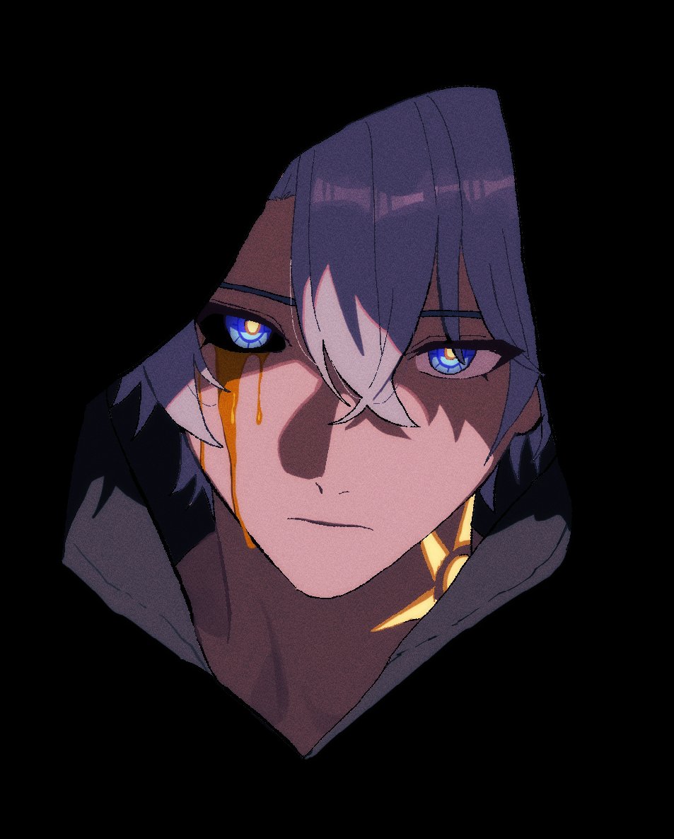 1boy, black_background, black_sclera, blood, bloody_tears, blue_eyes, closed_mouth, colored_sclera, commentary, cropped_shoulders, english_commentary, gold_blood, grey_eyes, hair_between_eyes, hazozoyaku, honkai:_star_rail, honkai_(series), lower_eyelashes_only, male_focus, mismatched_sclera, phainon_(honkai:_star_rail), short_hair, solo