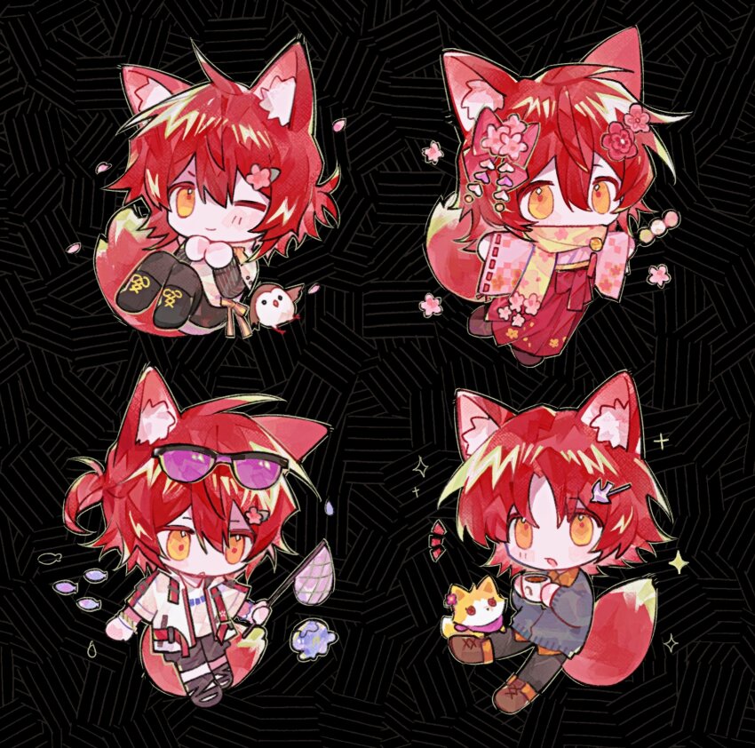 4boys, animal_ears, argyle_clothes, argyle_kimono, bird, black_background, black_boots, boots