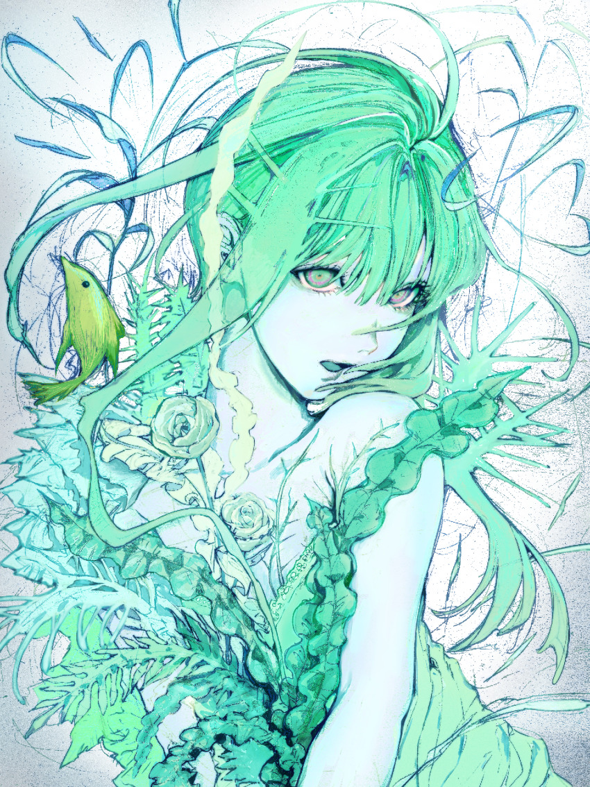 1girl, bad_link, bare_shoulders, collarbone, fish, flower, green_theme, hair_between_eyes