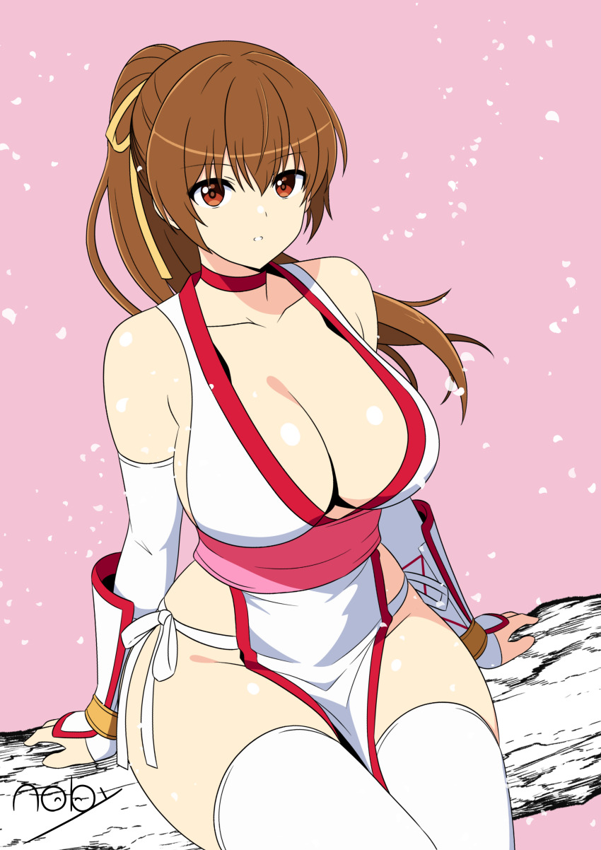 1girl, absurdres, artist_name, breasts, brown_eyes, brown_hair, choker, cleavage, collarbone, dead_or_alive, elbow_gloves, falling_petals, female_focus, gloves, hair_ribbon, highres, in_tree, japanese_clothes, kasumi_(doa), kimono, large_breasts, long_hair, looking_at_viewer, matching_hair/eyes, ninja, panties, parted_lips, pelvic_curtain, petals, pink_background, pink_sash, ponytail, red_choker, revealing_clothes, ribbon, sash, side-tie_panties, signature, simple_background, sitting, sitting_in_tree, solo, tanikan0120, team_ninja, tecmo, teeth, thighhighs, thighs, tree, underwear, white_kimono, white_panties, white_thighhighs, wide_hips, yellow_ribbon