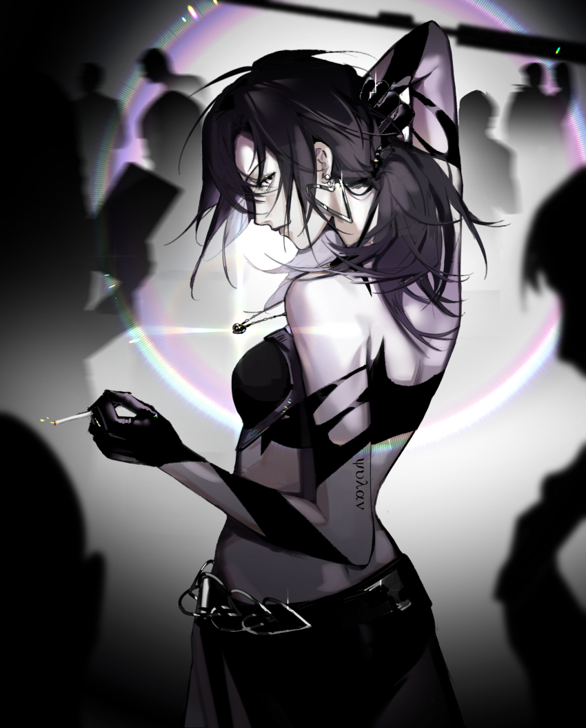 1girl, bare_shoulders, cigarette, cowboy_shot, deren_(path_to_nowhere), earrings, from_behind, highres