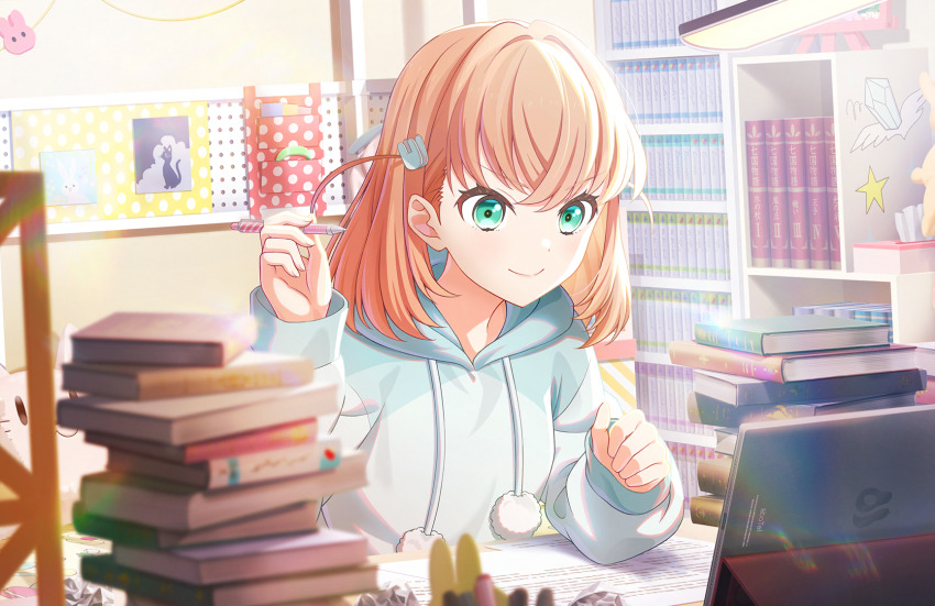 >:), 1girl, aqua_eyes, blue_hoodie, book, book_stack, bookshelf, brand_name_imitation, closed_mouth, crossed_bangs, drawstring, elbow_on_table, game_cg, hair_intakes, hair_ornament, highres, hinoshita_kaho, holding, holding_pen, hood, hood_down, hoodie, indoors, ipad, link!_like!_love_live!, long_sleeves, love_live!, medium_hair, non-web_source, official_alternate_costume, official_art, orange_hair, paper, pen, pom_pom_(clothes), pom_pom_drawstring, rabbit_hair_ornament, self-datamine, smile, solo, tablet_pc, tablet_stand, two_side_up, upper_body, v-shaped_eyebrows, virtual_youtuber