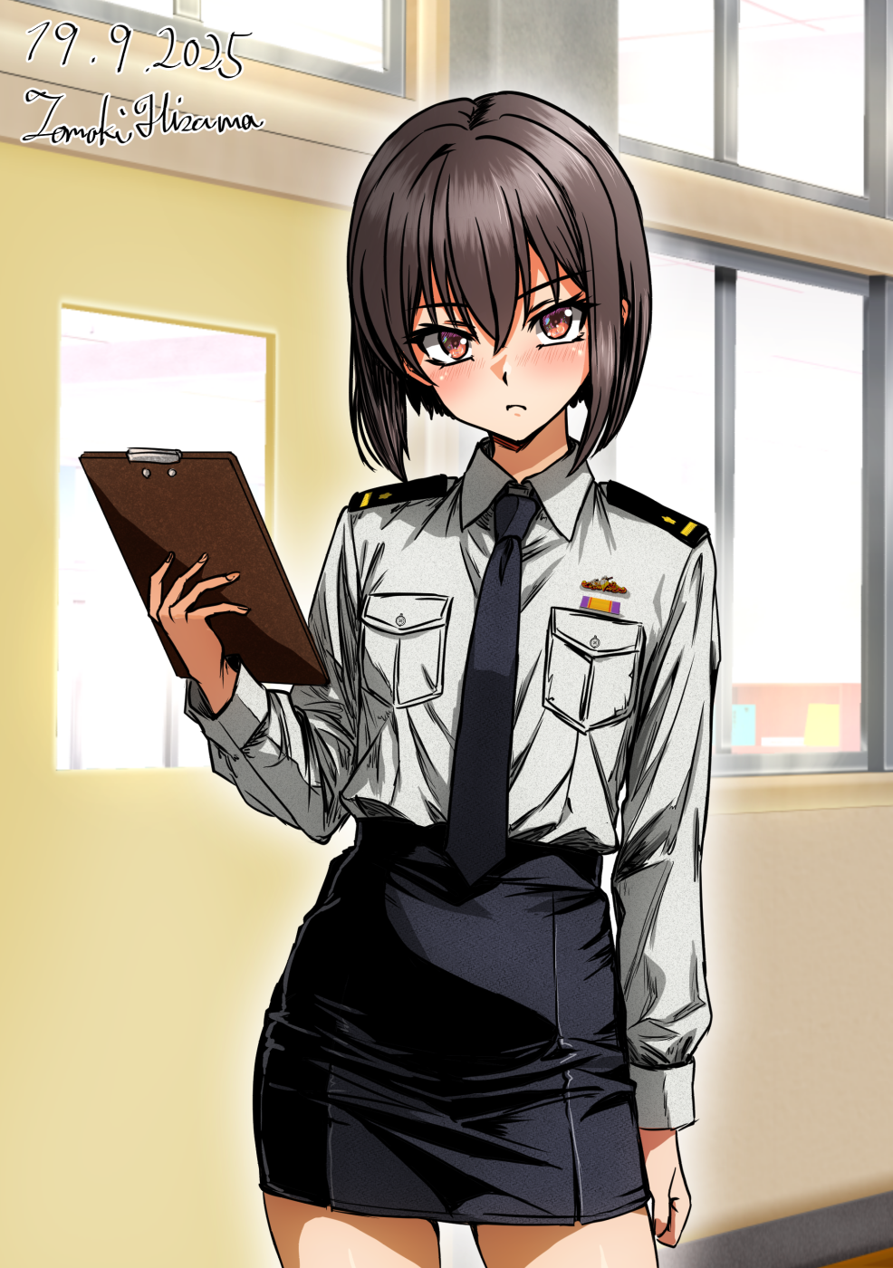 1girl, alternate_costume, artist_name, black_necktie, black_skirt, breast_pocket, brown_eyes, brown_hair, clipboard, collared_shirt, dated, flat_chest, grey_shirt, hair_between_eyes, highres, hisama_tomoki, holding, holding_clipboard, japan_maritime_self-defense_force, japan_self-defense_force, kantai_collection, long_sleeves, looking_at_viewer, military, military_dress_uniform, military_rank_insignia, military_uniform, miniskirt, naval_dress_uniform, naval_uniform, necktie, one-hour_drawing_challenge, pocket, ribbon_bar, shirt, short_hair, shoulder_boards, skirt, solo, standing, taihou_(kancolle), white_shirt