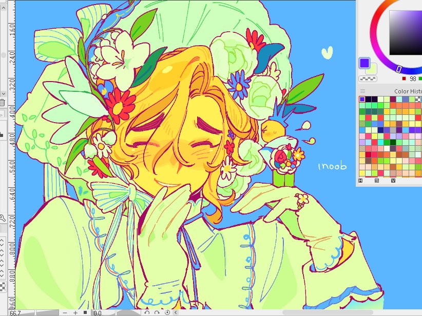 2others, blonde_hair, blush, bonnet, closed_eyes, colored_skin, crown, flower