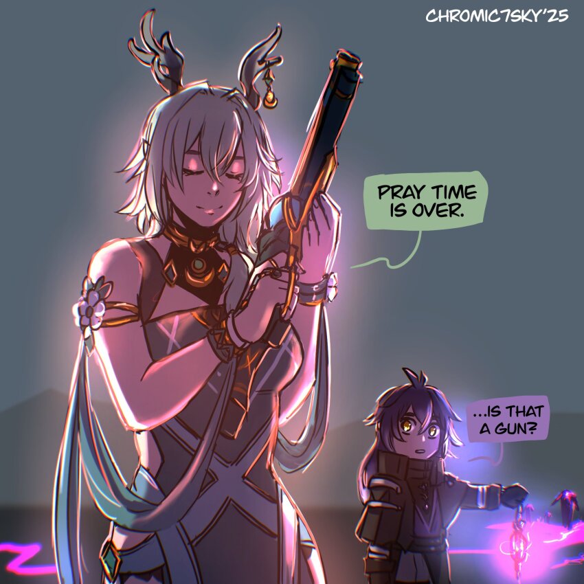 1boy, 1girl, alternate_hairstyle, anaxa_(honkai:_star_rail), anaxa_(honkai:_star_rail)_(cosplay), antler_ornament, antlers, arm_at_side, black_coat, chibi, chromic7sky, closed_eyes, closed_mouth, coat, collared_coat, cosplay, deer_antlers, dress, english_text, flins_(genshin_impact), genshin_impact, gloves, glowing, grey_hair, gun, hair_between_eyes, hair_over_shoulder, hands_up, high_collar, highres, holding, holding_gun, holding_lantern, holding_weapon, honkai:_star_rail, honkai_(series), horns, lantern, lauma_(genshin_impact), long_hair, long_sleeves, looking_at_another, low_ponytail, outstretched_arm, ponytail, purple_hair, side_ponytail, sleeveless, sleeveless_dress, smile, weapon, yellow_eyes