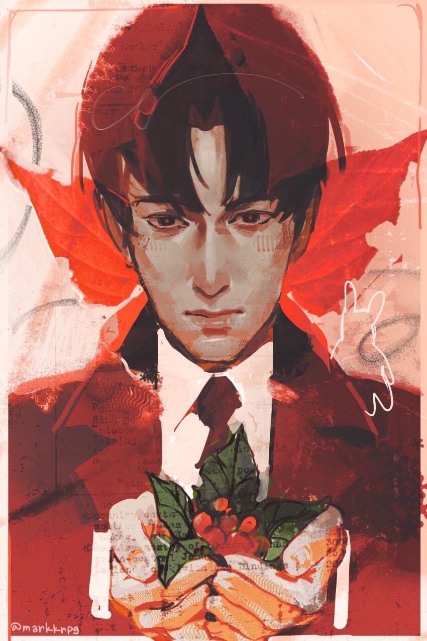 1boy, absurdres, aegyo_sal, black_eyes, black_hair, border, bug, butterfly