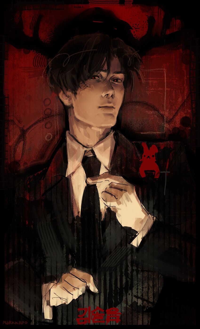 1boy, absurdres, adjusting_clothes, adjusting_necktie, black_eyes, black_hair, black_necktie, black_vest