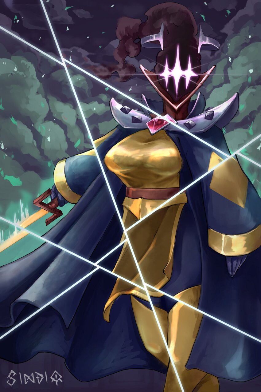 absurdres, armor, breasts, cape, character_request, chest_jewel, cloud, copyright_request, cuts, dead_cells, dead_cells:_the_queen_and_the_sea, fighting_stance, glowing, glowing_eyes, highres, holding, holding_sword, holding_weapon, injury, large_breasts, long_sleeves, looking_at_viewer, pelvic_curtain, purple_eyes, queen's_rapier_(dead_cells), rapier, shoulder_armor, sindio, slashing, smoke, sword, the_queen_(dead_cells), thighhighs, weapon, wide_sleeves