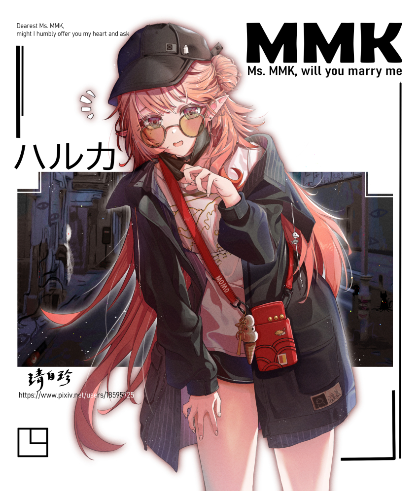 1girl, arknights, artist_name, bag, baseball_cap, belt, black_choker, black_hat