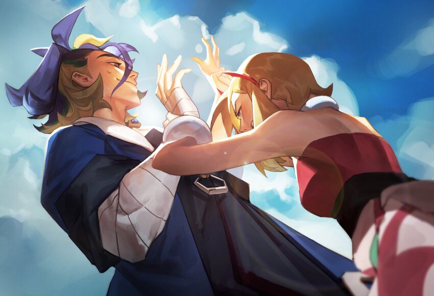 1boy, 1girl, adaman_(pokemon), arm_wrap, bare_shoulders, blonde_hair, blue_coat, blue_hair