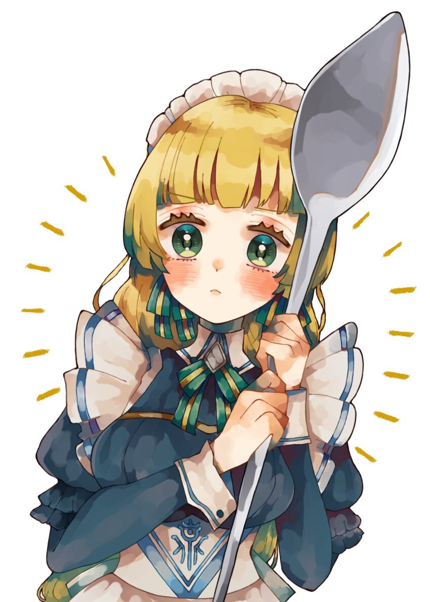 1girl, apron, blonde_hair, blue_dress, blush, bow, breasts, closed_mouth